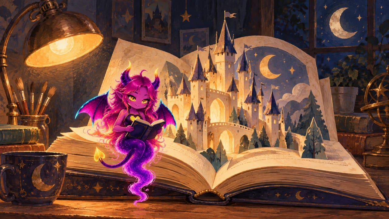 Eve reading on top of a giant pop-up storybook castle on a desk under a warm lamp