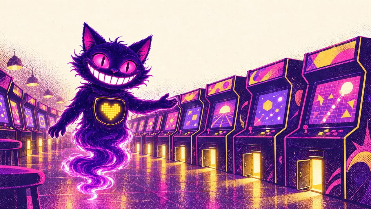Sid at a arcade cabinet wall where every machine's coin slot has been replaced by an open door