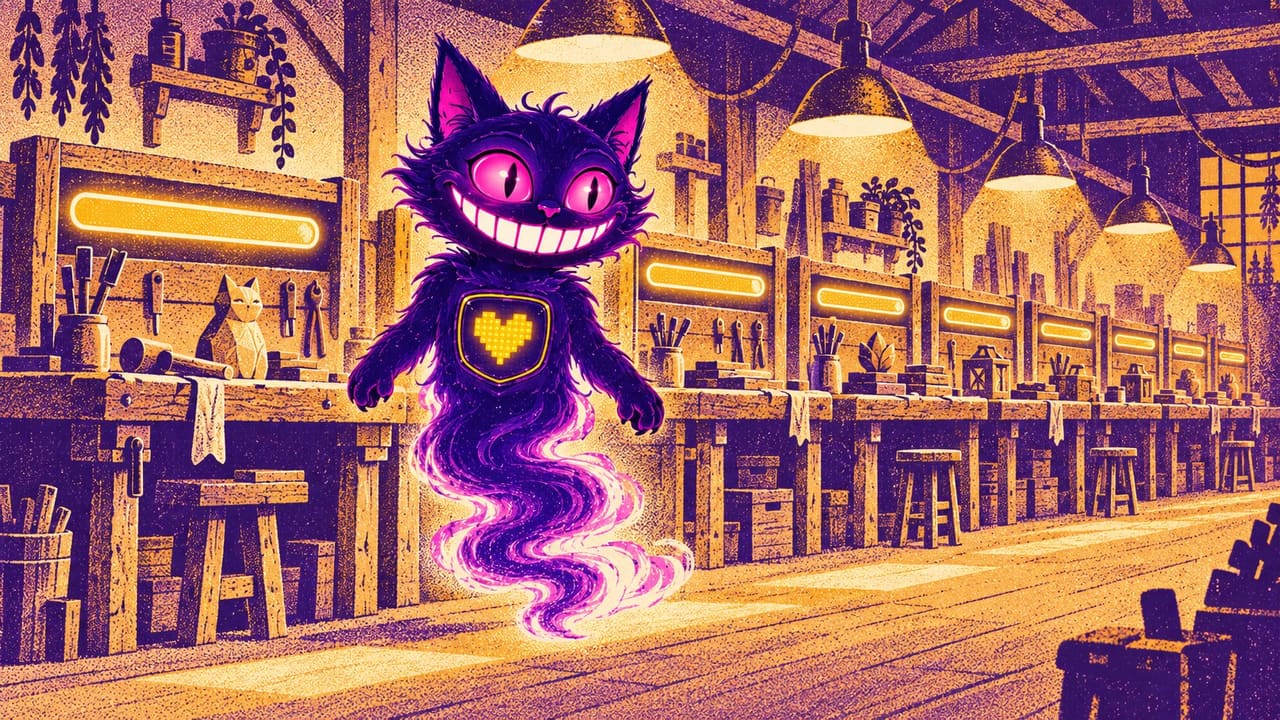 Sid walking past a row of crafting benches with every progress bar already full