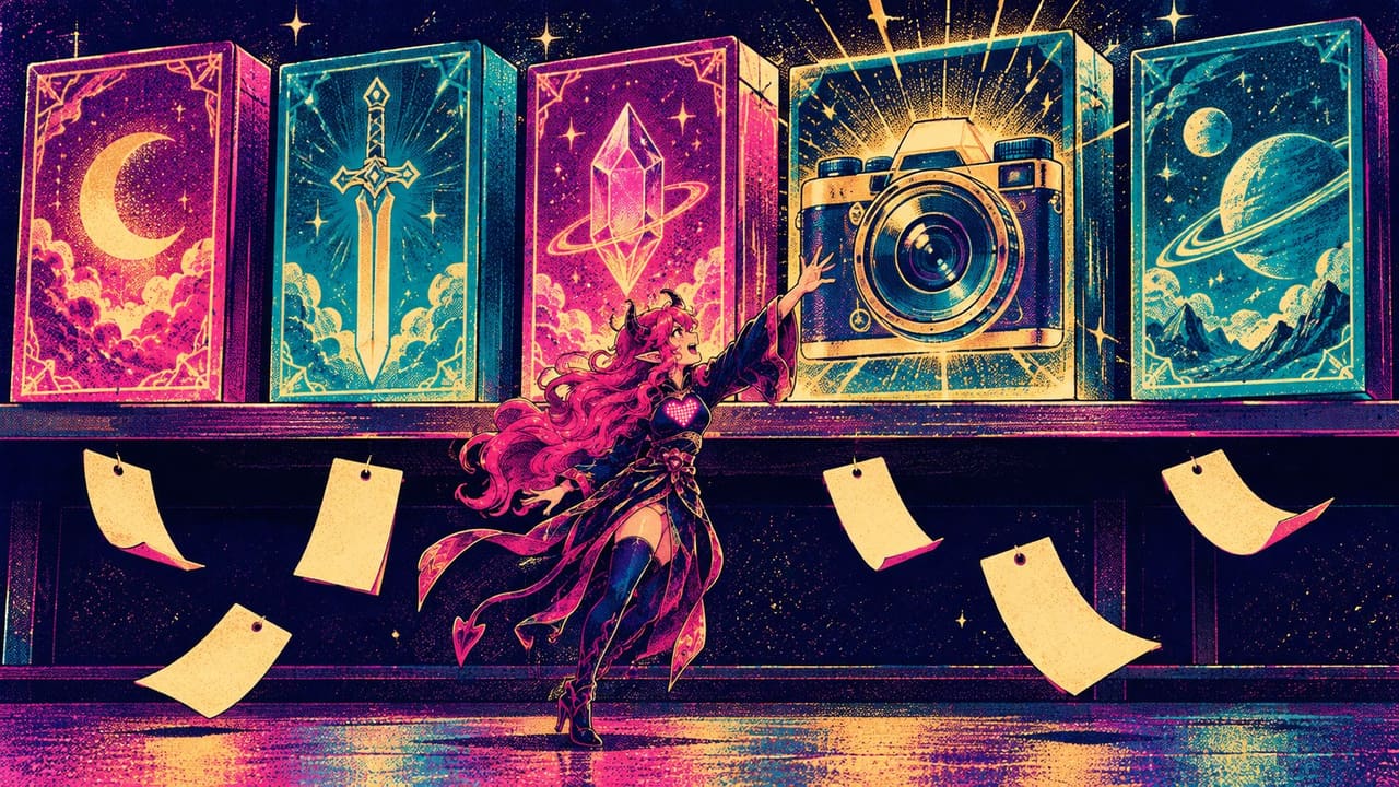 A shelf of five glowing app boxes with their price tags falling away, Eve reaching for the top one