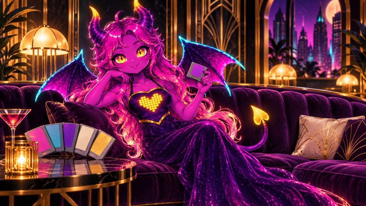 Eve lounging in a velvet booth with a stack of game cartridges fanned out beside her