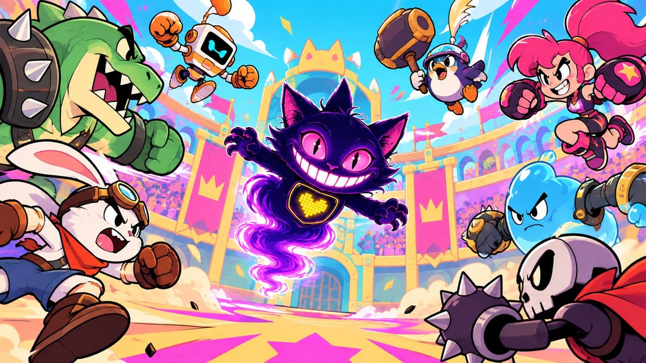 Sid leaping into a bright cartoon brawl arena as a whole crowd of different fighters charges in
