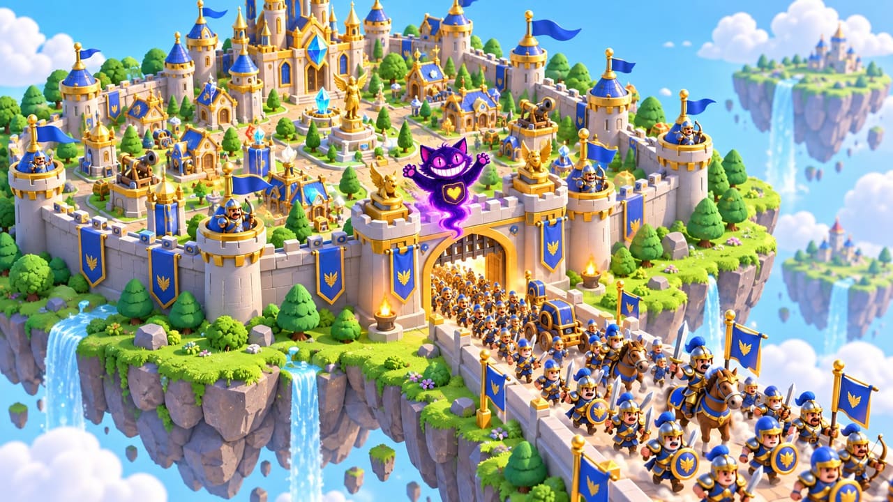 A fully upgraded walled village on a floating island as a cartoon army pours out, with Sid cheering on the wall