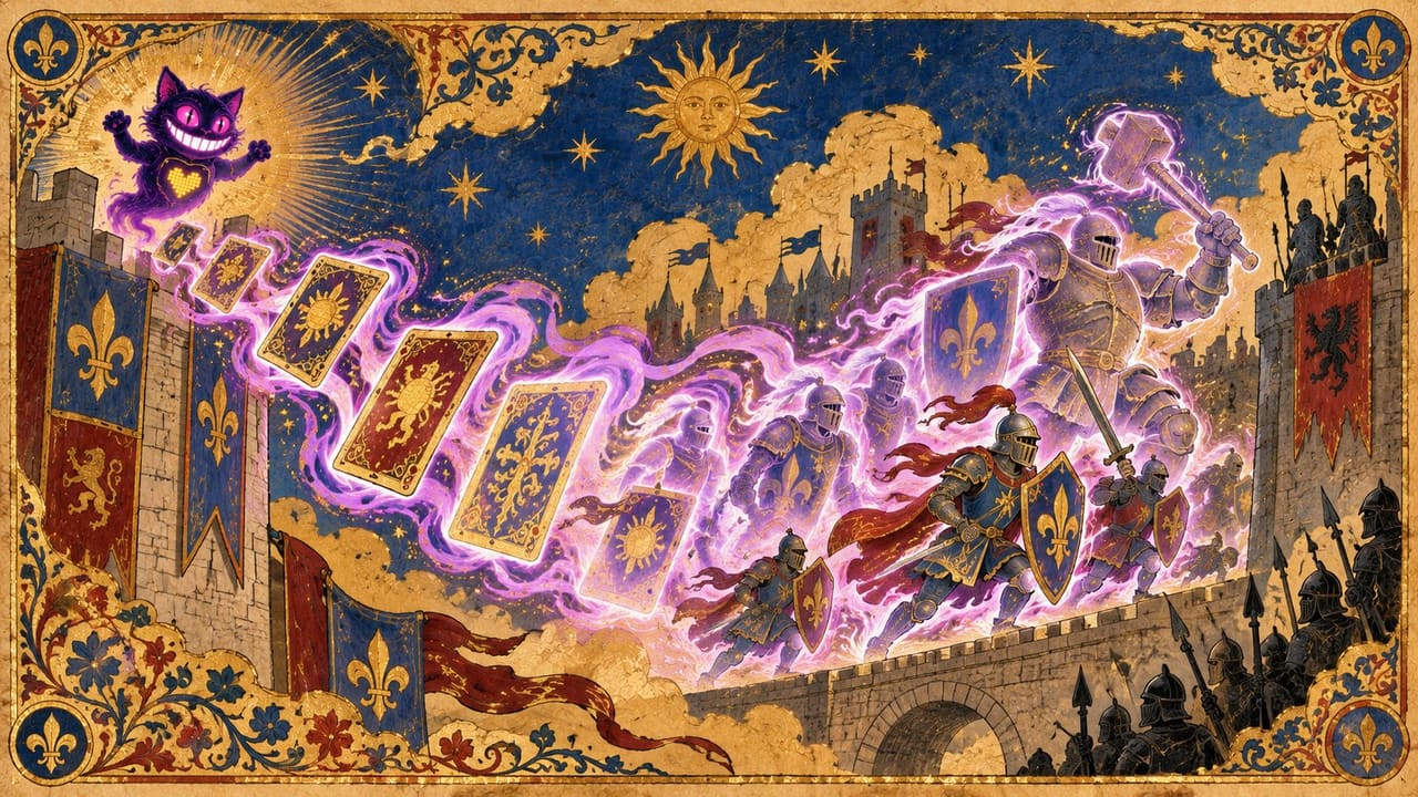Sid on a castle tower above a storybook battle lane as a wave of cards turns into charging troops