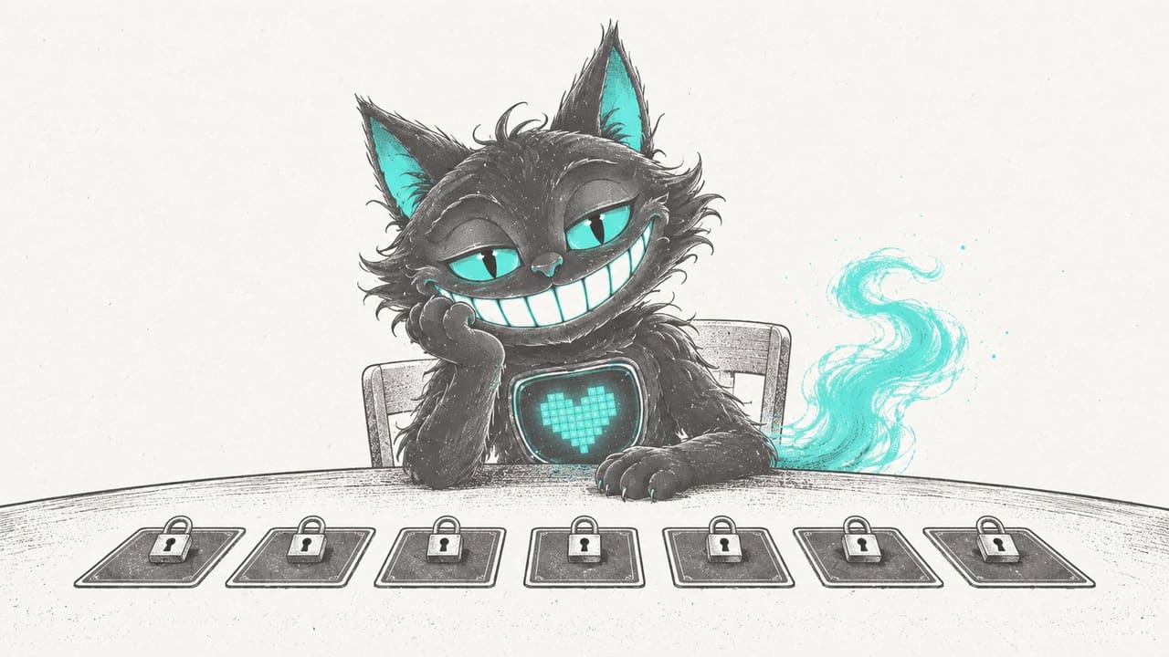 Sid slumped at a card table in front of a long row of face-down cards with padlocks on them