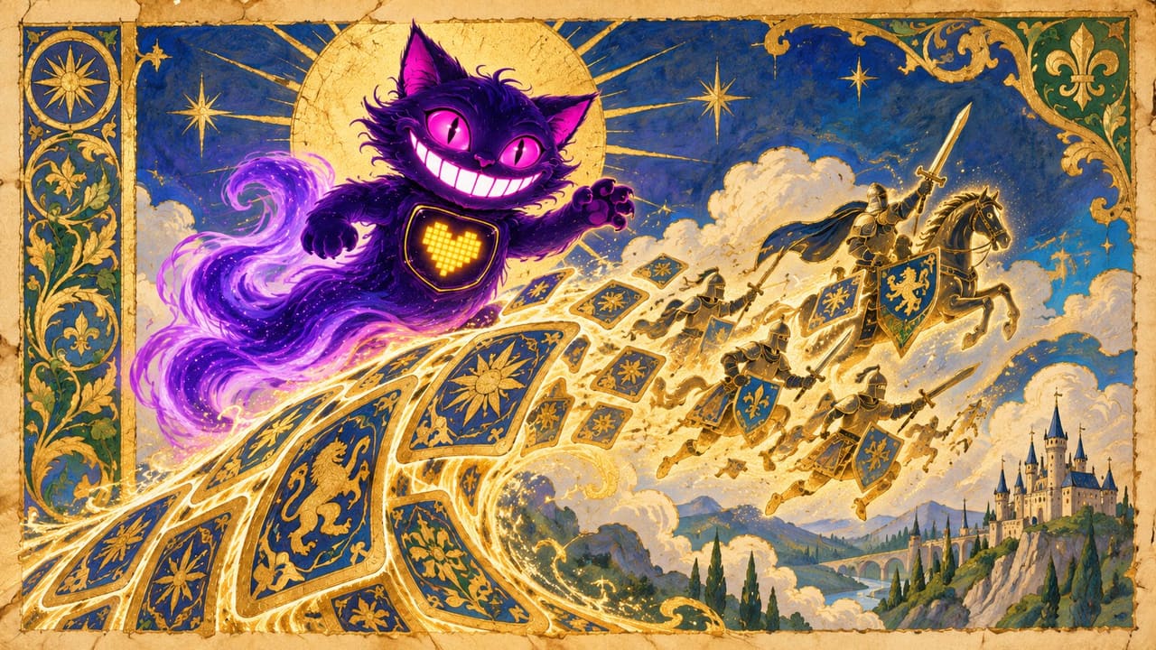 Sid riding the top of a golden wave of cards that turns into charging troops in mid-air
