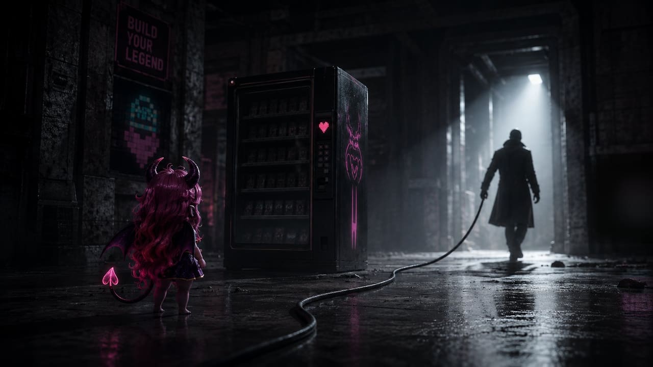 The vending machine dark and tiny Eve watching a stranger walk off carrying its power cord