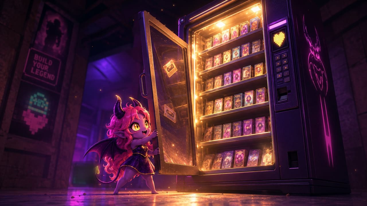 Tiny Eve heaving open a vending machine four times her height, its shelves glowing with cartridges