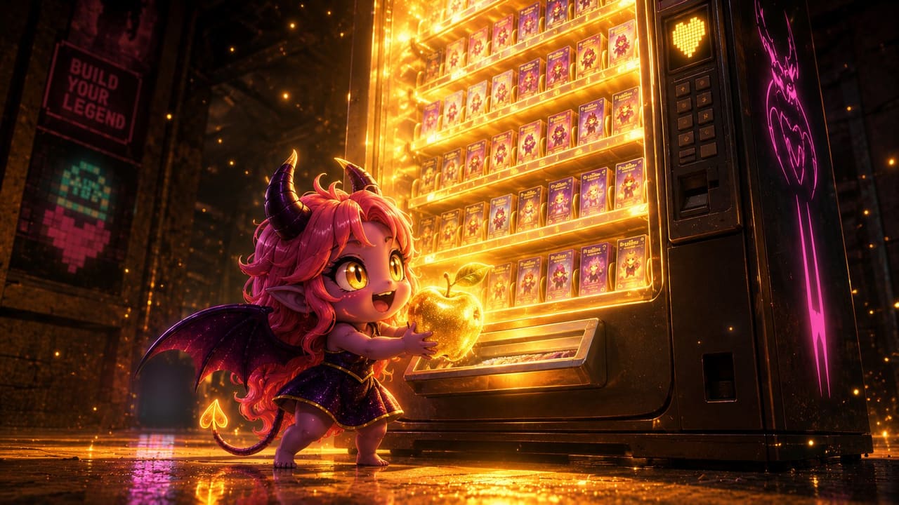 The vending machine blazing back to life as tiny Eve catches a glowing golden apple dropping into the tray