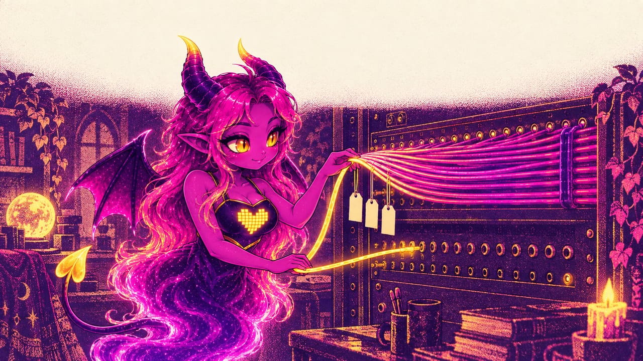 Eve at a switchboard of glowing network cables, pulling one strand out of the crowd and sending it down its own path