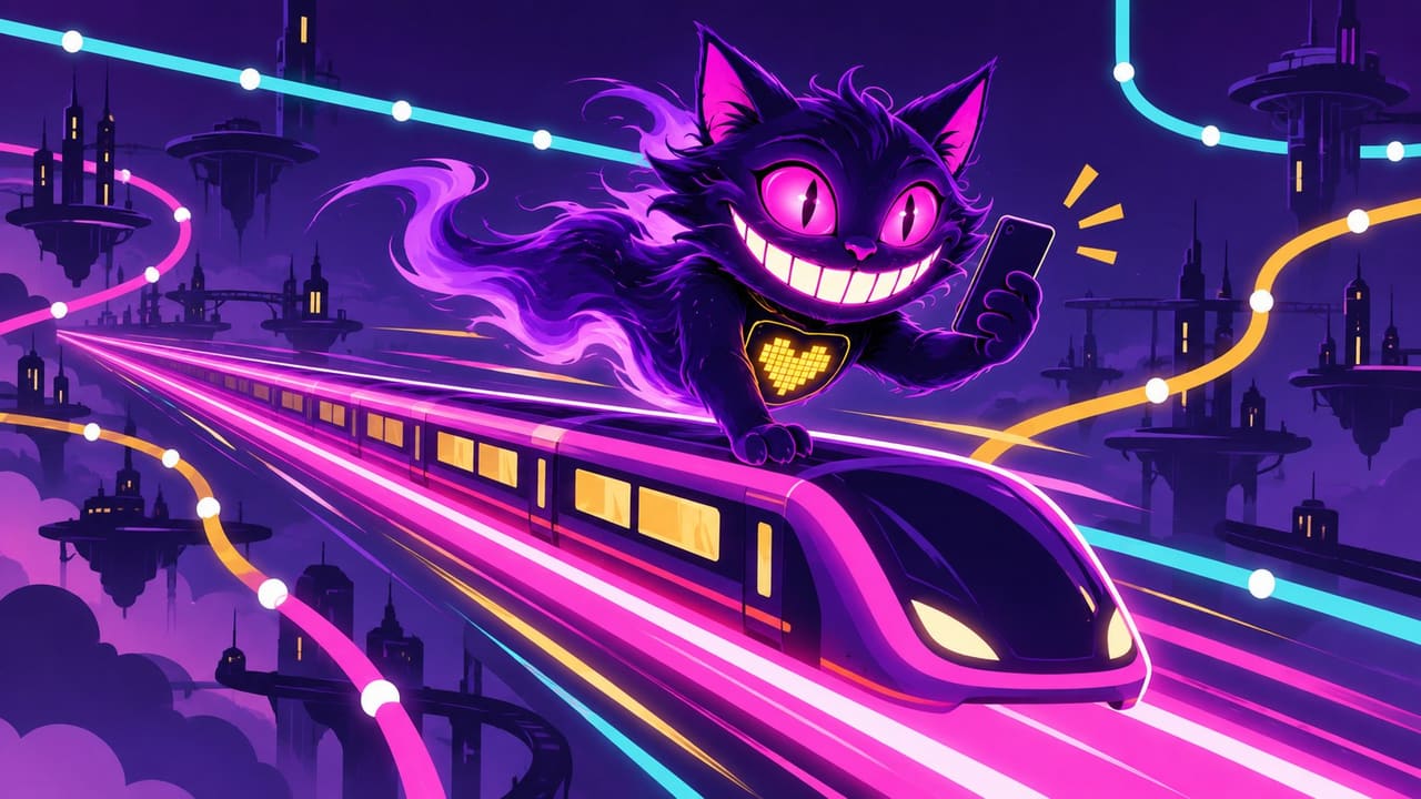Sid riding a carriage down one straight metro line with no stops, a phone in his paw