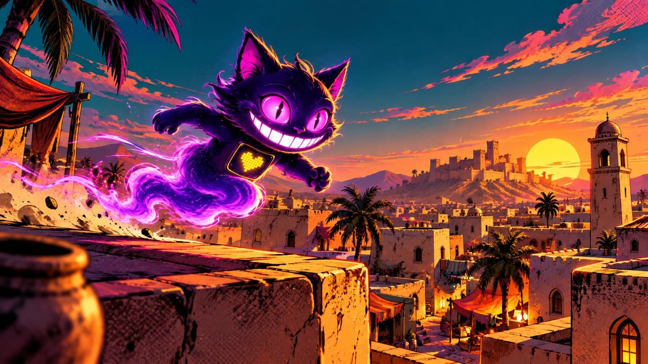 Sid sprinting across sun-baked rooftops of a desert town map at golden hour