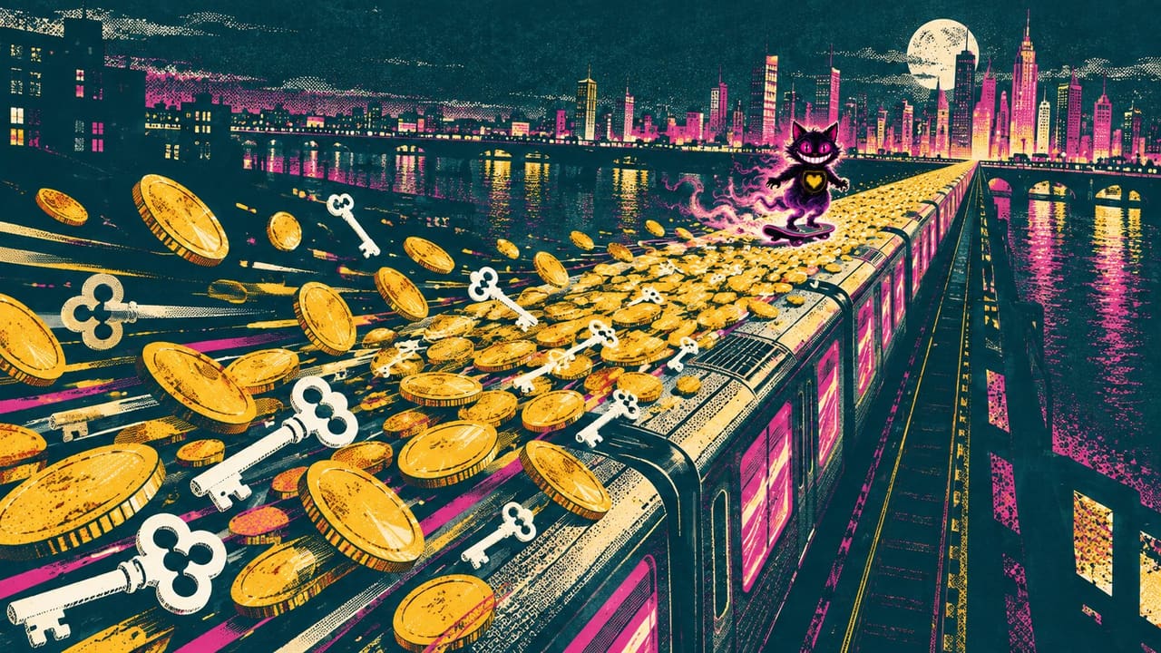 A train roof stretching into a neon city at night, coins and keys streaming past, with Sid riding a hoverboard near the front