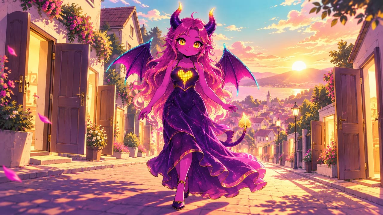 Eve walking into a sunlit small-town street as doors along it swing open
