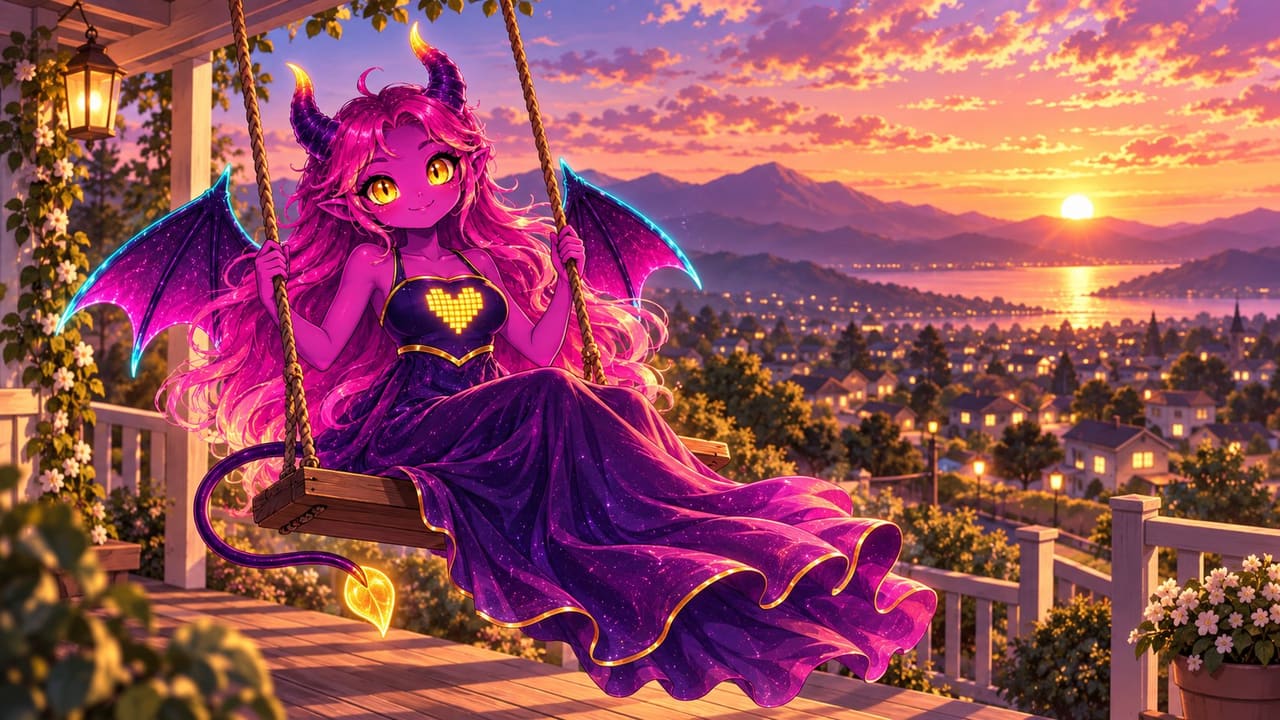 Eve settled on a porch swing at sunset with the whole town lit up behind her