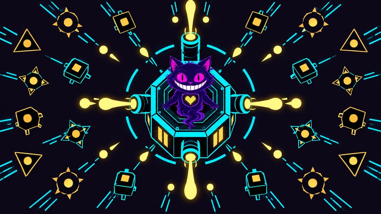 Top-down view of a lone glowing tower firing at a ring of geometric enemies, with Sid inside it