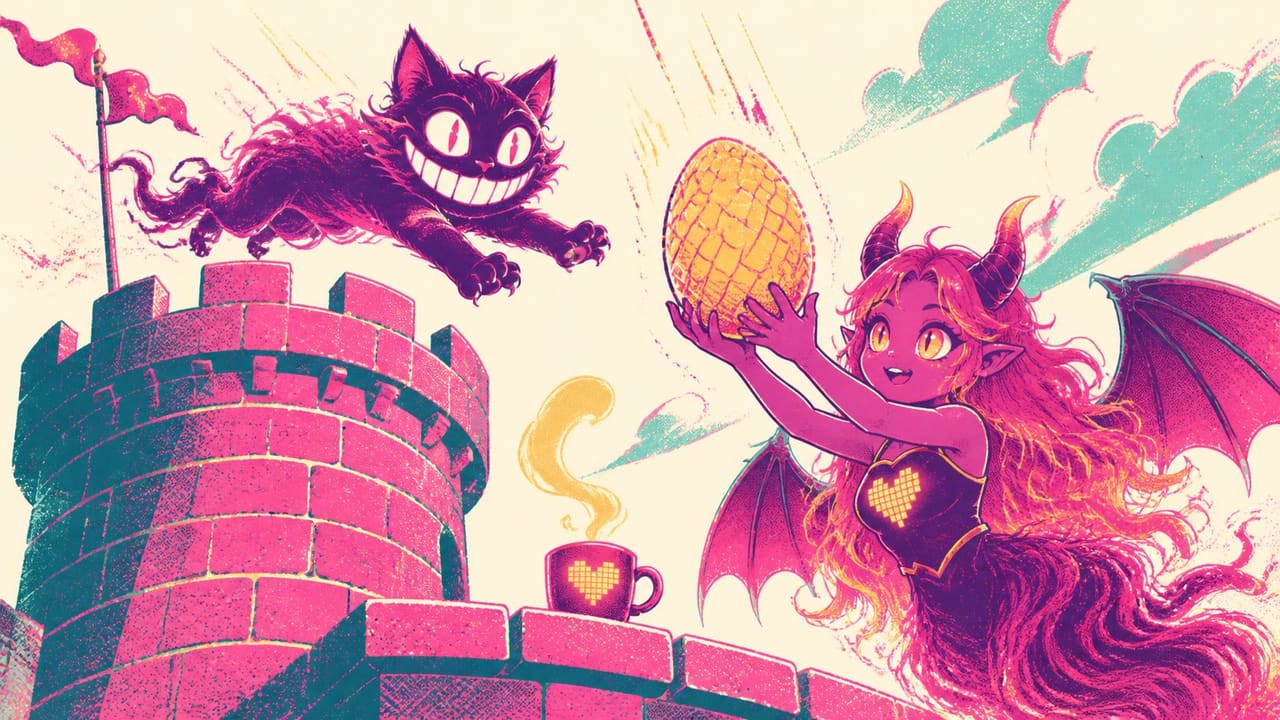 Sid and Eve holding a tower, a dragon egg and a coffee cup while counters spin past them