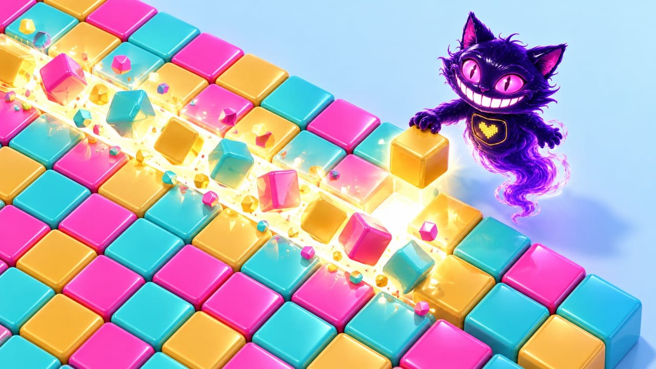Sid dropping the last glossy block into a puzzle grid as a full row bursts apart