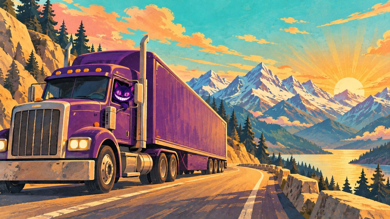 A big rig climbing a winding alpine highway at sunrise, Sid grinning from the driver's window