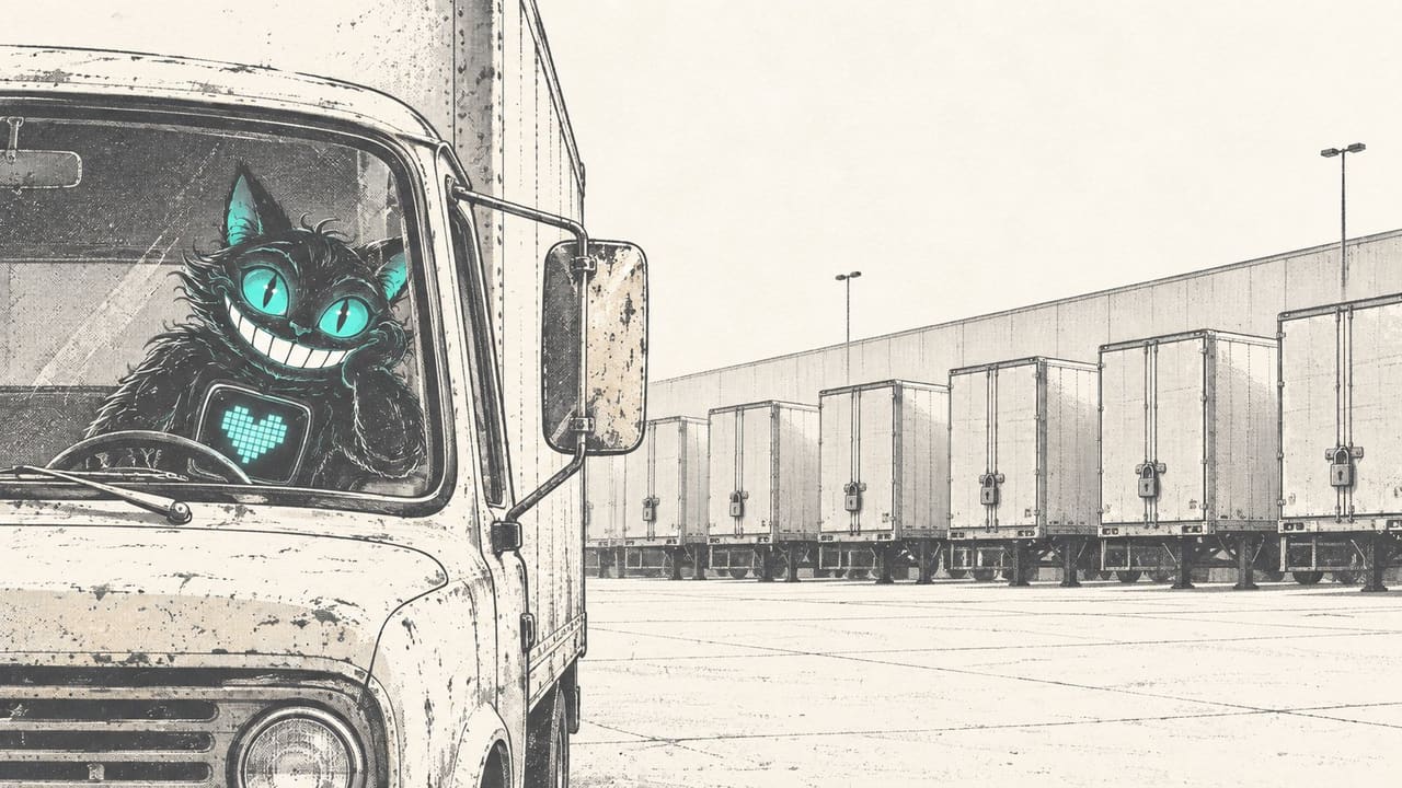 Sid slumped in an old truck cab at an empty loading dock, a row of padlocked trailers behind him