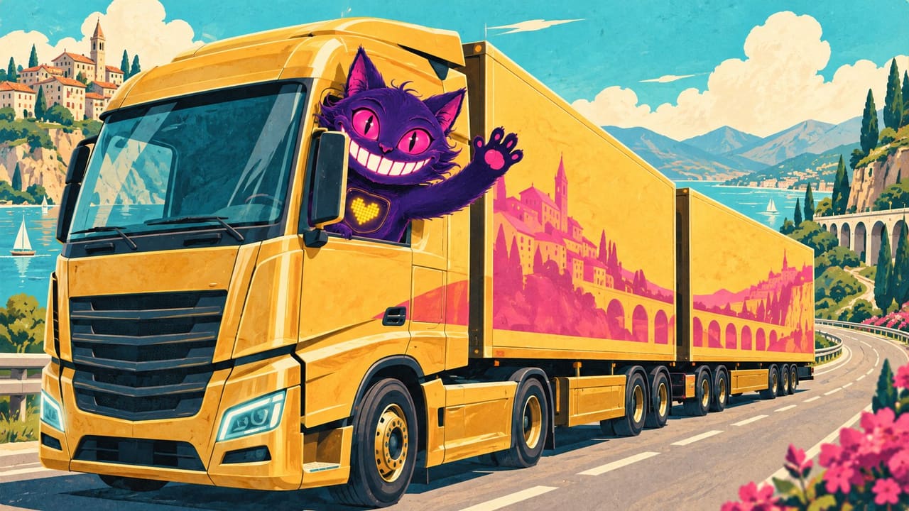 Sid waving from the cab of a gleaming new rig with a double trailer on an open motorway