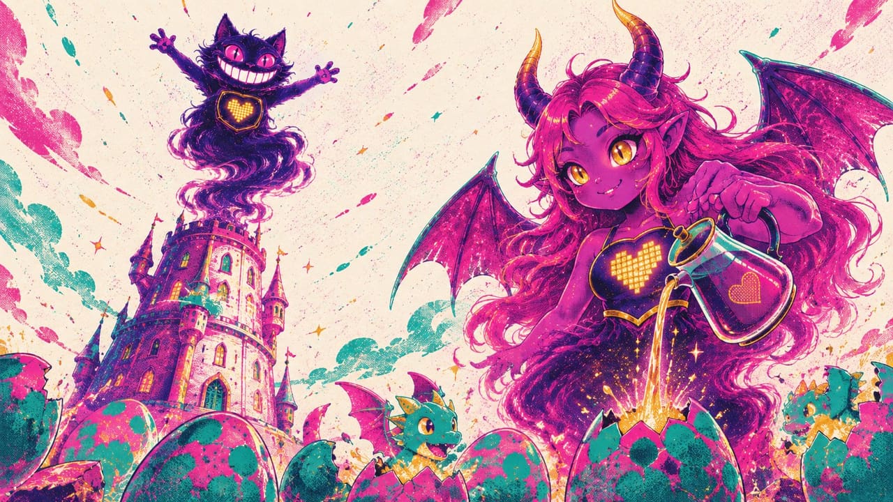 Eve and Sid running a full cafe while a tower and a dragon egg glow behind the counter