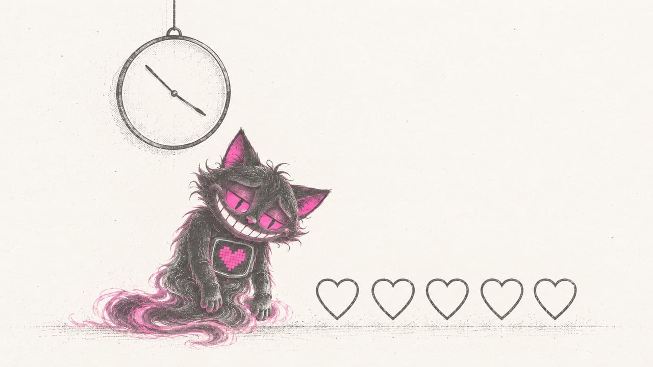 Sid slumped beside a row of empty hearts under a ticking wall clock