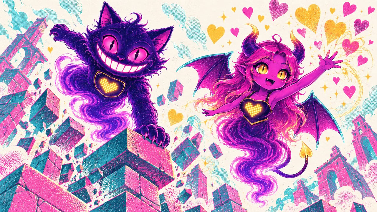 Eve tossing glowing hearts upward while Sid surfs a collapsing tower of blocks