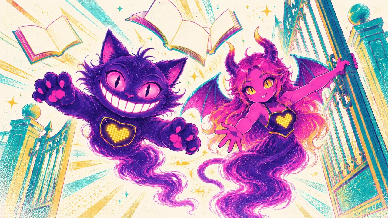 Eve swinging a gate open as books fly overhead and Sid leaps through