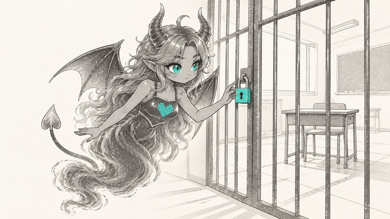 Eve waiting at a locked gate in front of an empty school desk