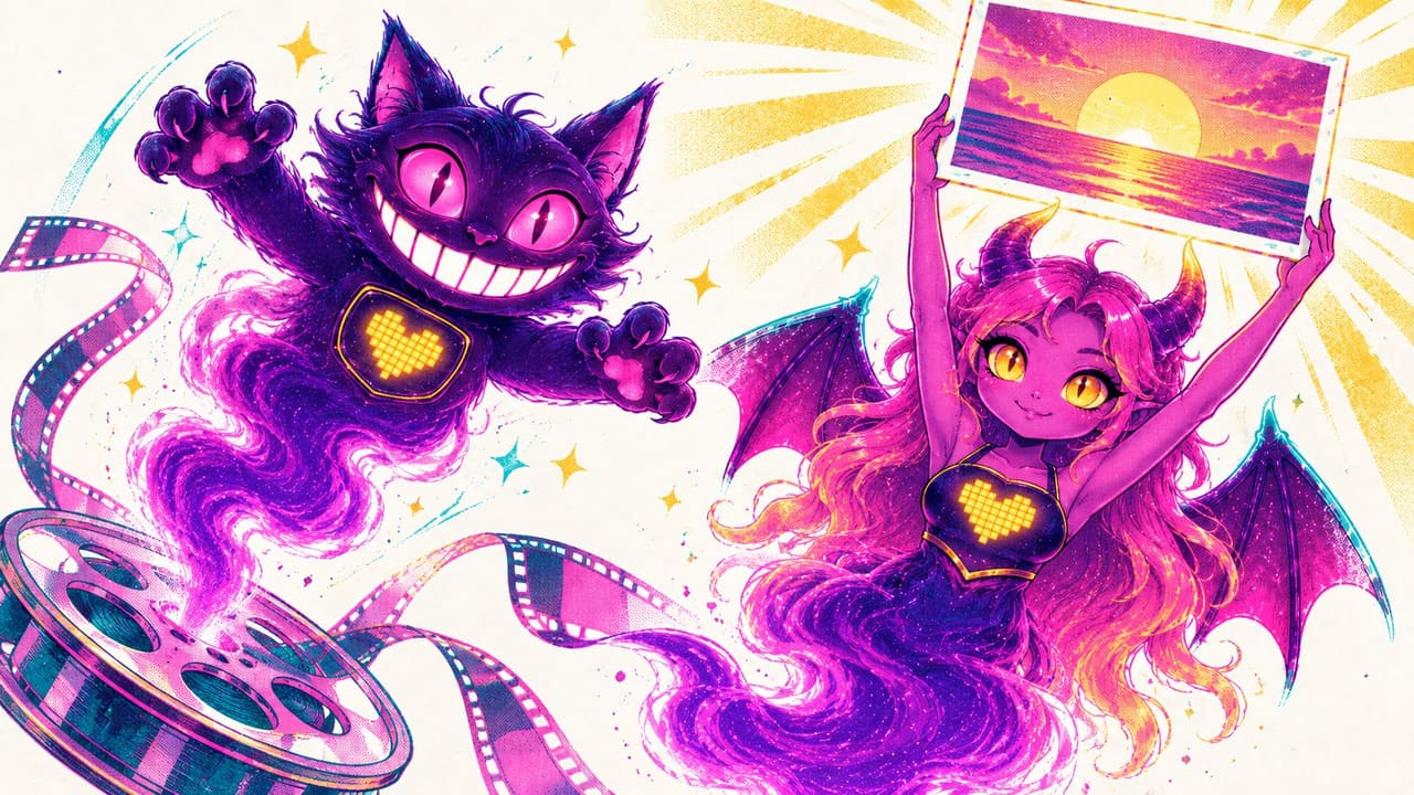 Eve holding a glowing sunset photo high above her head while Sid leaps out of a film reel