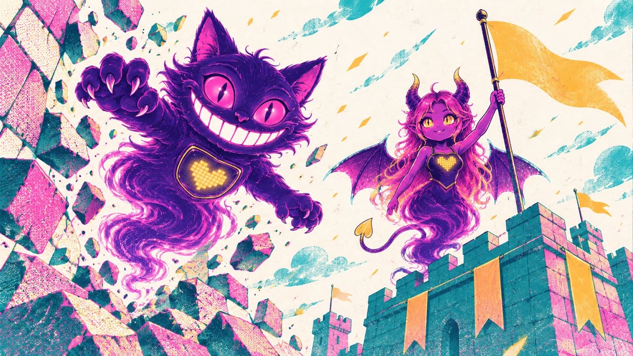 Sid bursting through a wall of blocks while Eve plants a flag on top of a finished fortress