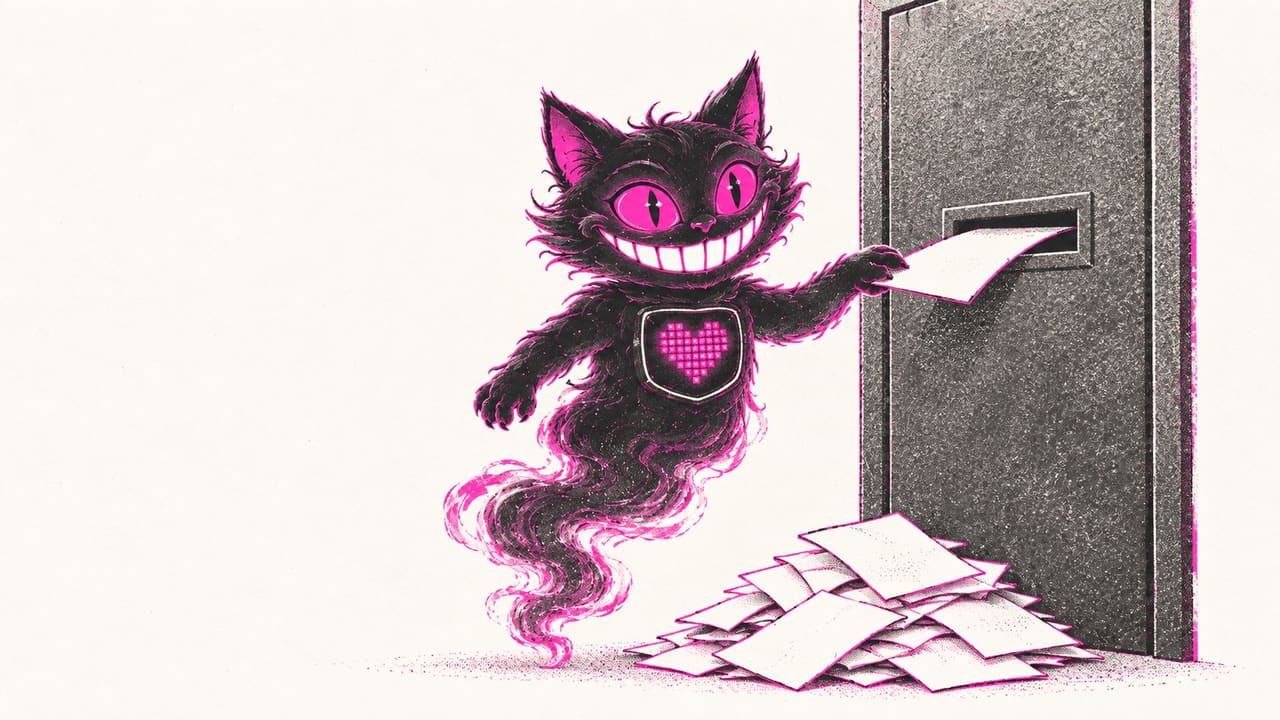 Sid feeding a fresh certificate into a slot in a sealed door while a pile of returned ones grows at his feet