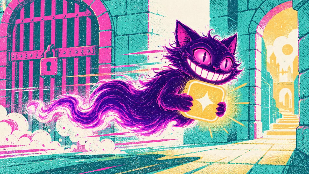 Sid carrying a glowing app tile through an open side passage while the barred main gate stays shut