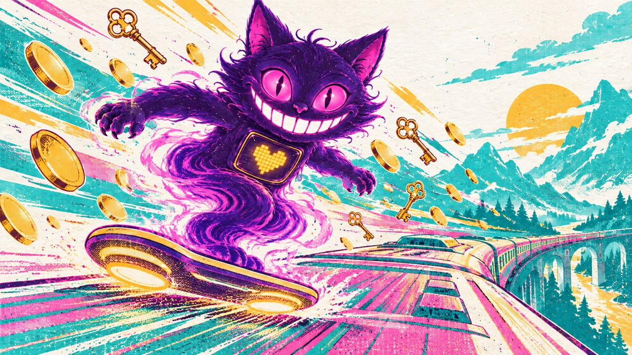 Sid riding a hoverboard down a train roof as coins and keys stream past him
