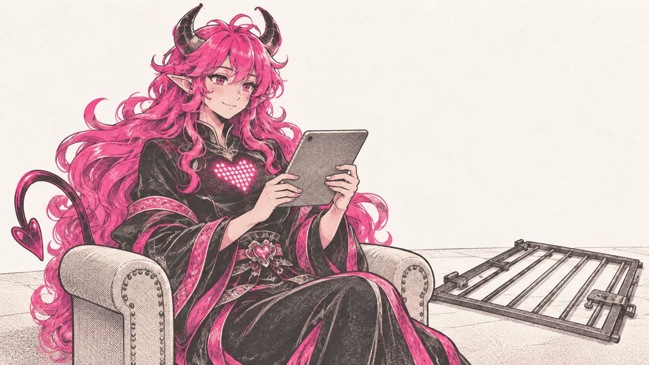 Eve sitting in an armchair reading from a tablet, a barred gate lying open beside her