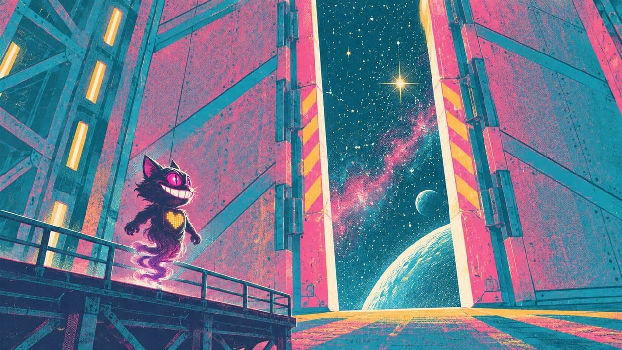 Sid standing on a gantry as a row of heavy hangar doors swings open, starlight in the gap
