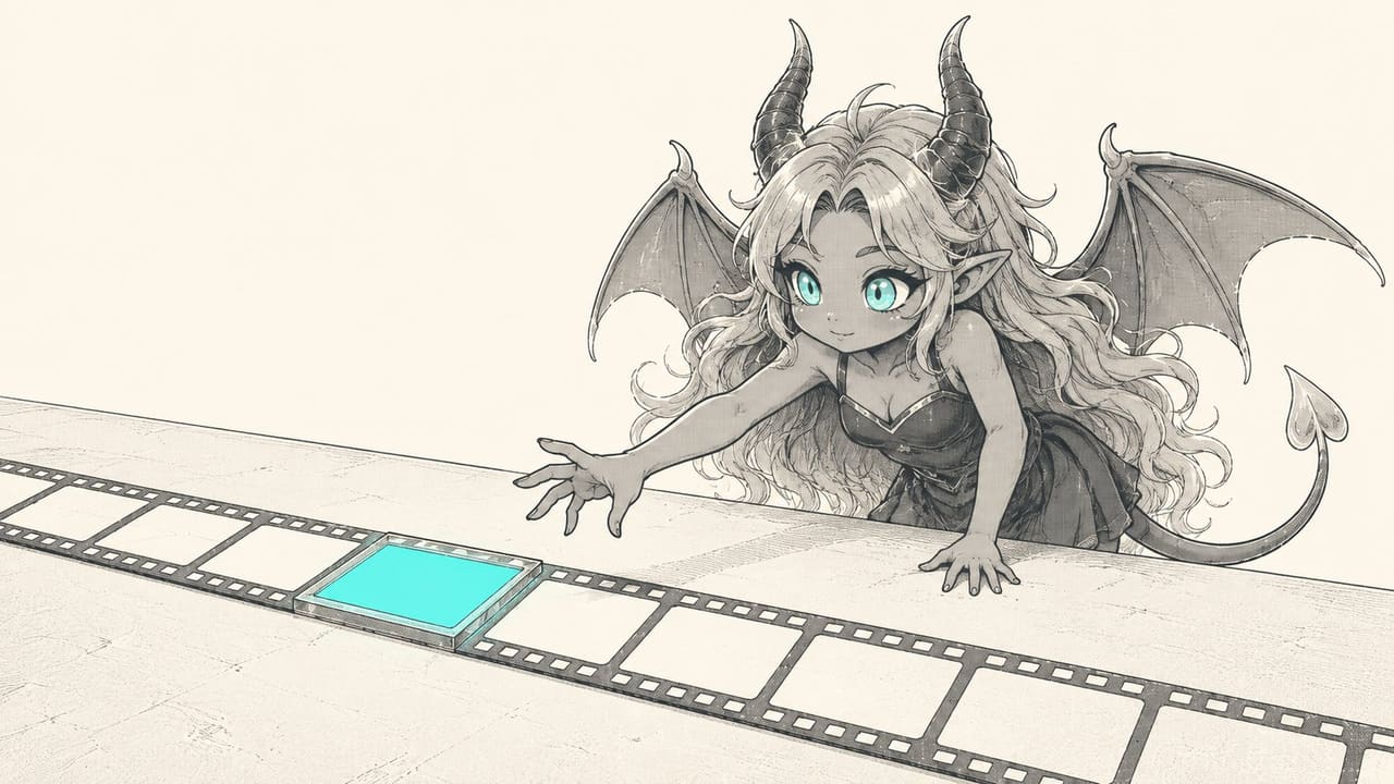 Eve reaching for a film frame that seals itself behind a blank panel