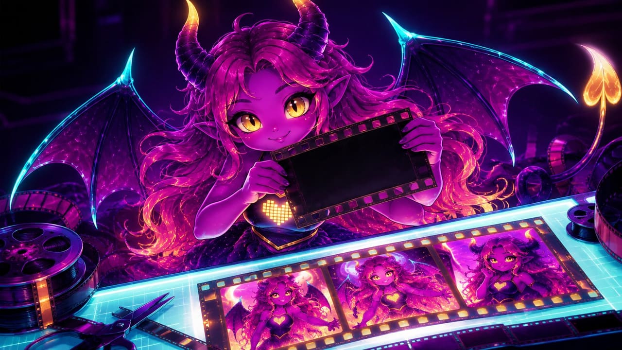 Eve holding a film frame that has gone dark in her hands while three lit ones wait beside her