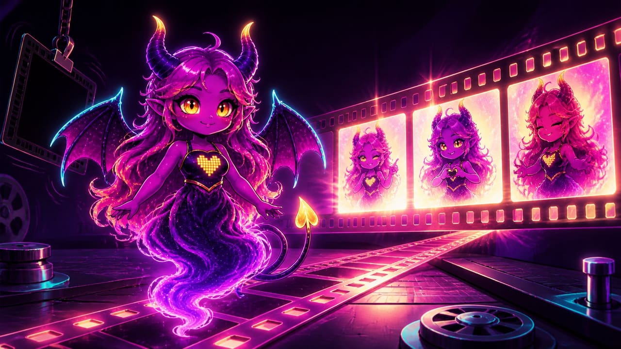 Eve stepping past a dark frame toward three lit ones