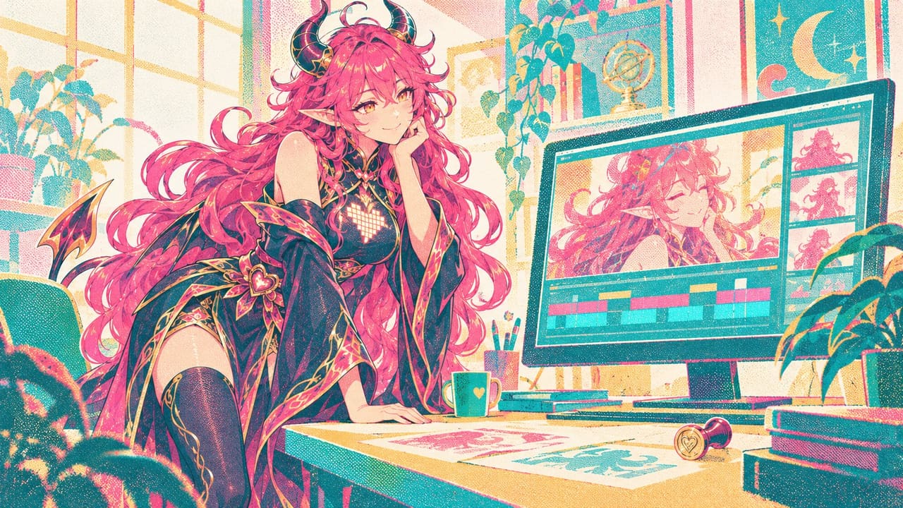 Eve smiling softly at a finished clip on a big monitor, a small stamp lying discarded on the desk