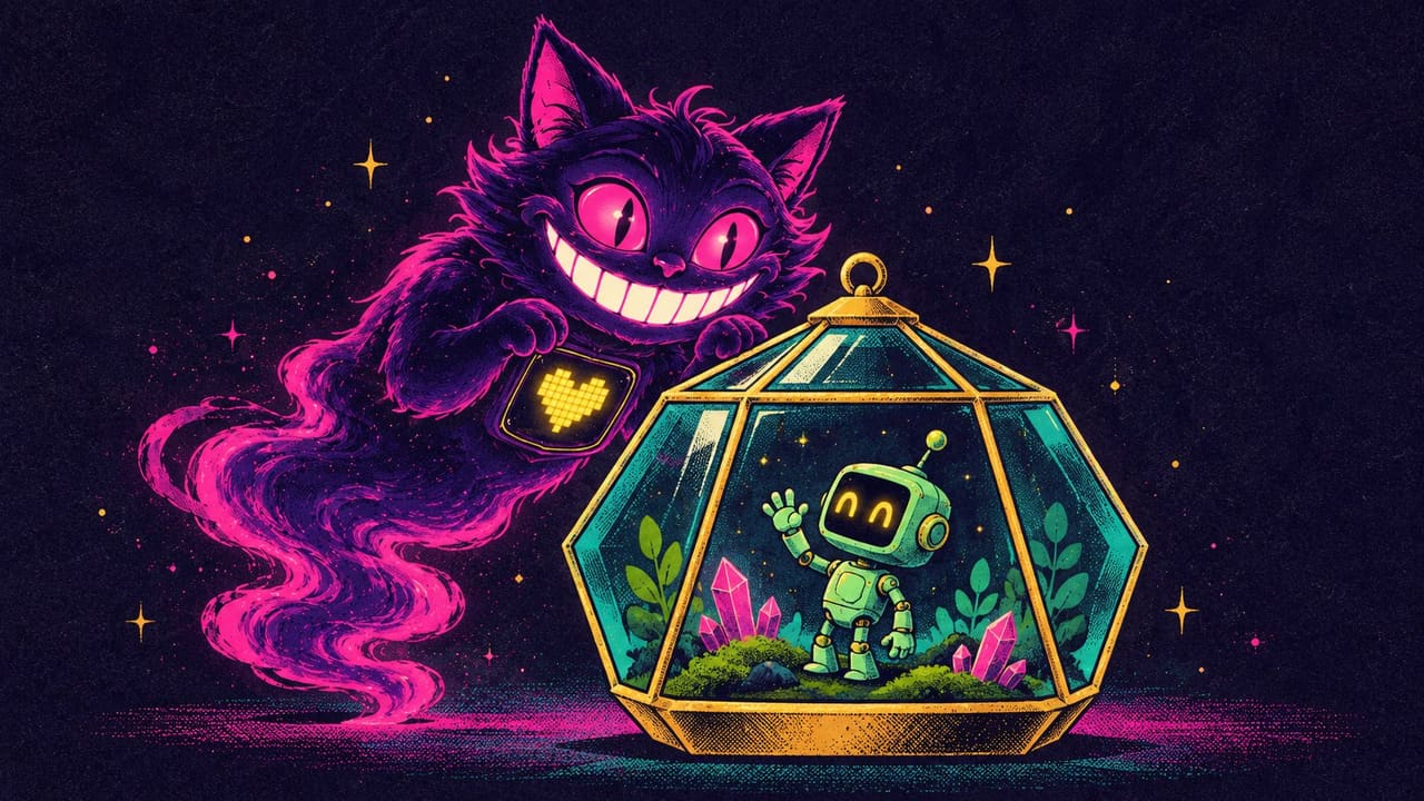 Sid peering into a glass terrarium where a tiny green robot waves back at him