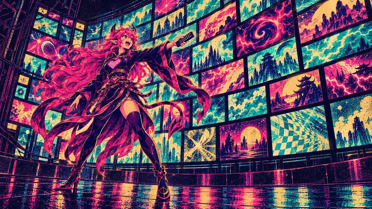 Eve pointing a remote at a towering wall of glowing TV screens, each on a different channel