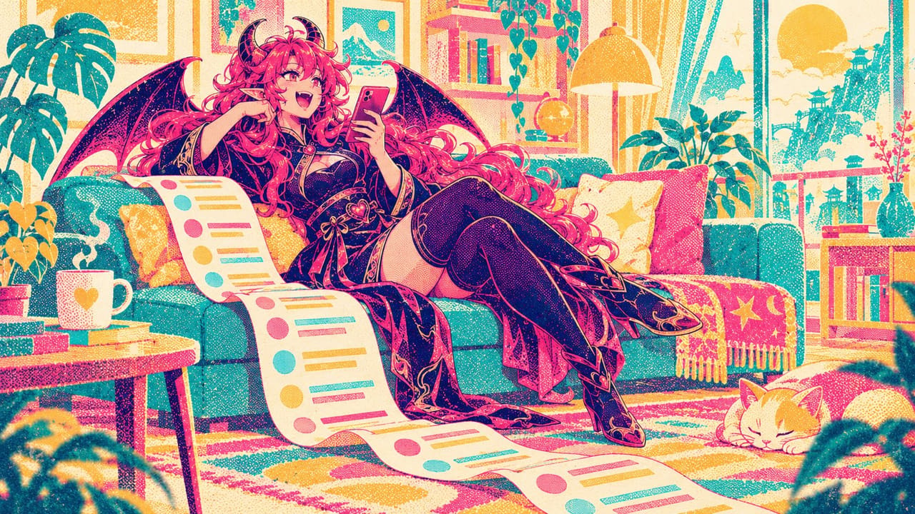 Eve lounging on a sofa with her phone while a long paper scroll of channels unrolls across the floor