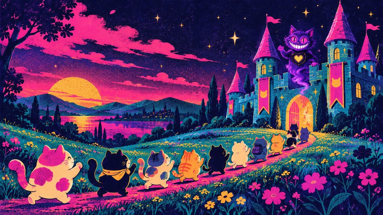Sid waving from a toy castle wall as a parade of tiny round cartoon cats marches toward it
