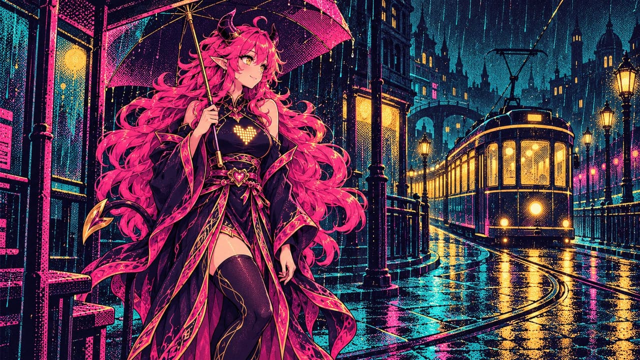 Eve waiting at a rainy tram stop under an umbrella as a glowing tram rounds the corner