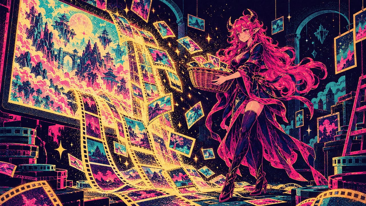 Eve catching glowing film frames in a woven basket as they pour out of a giant video screen