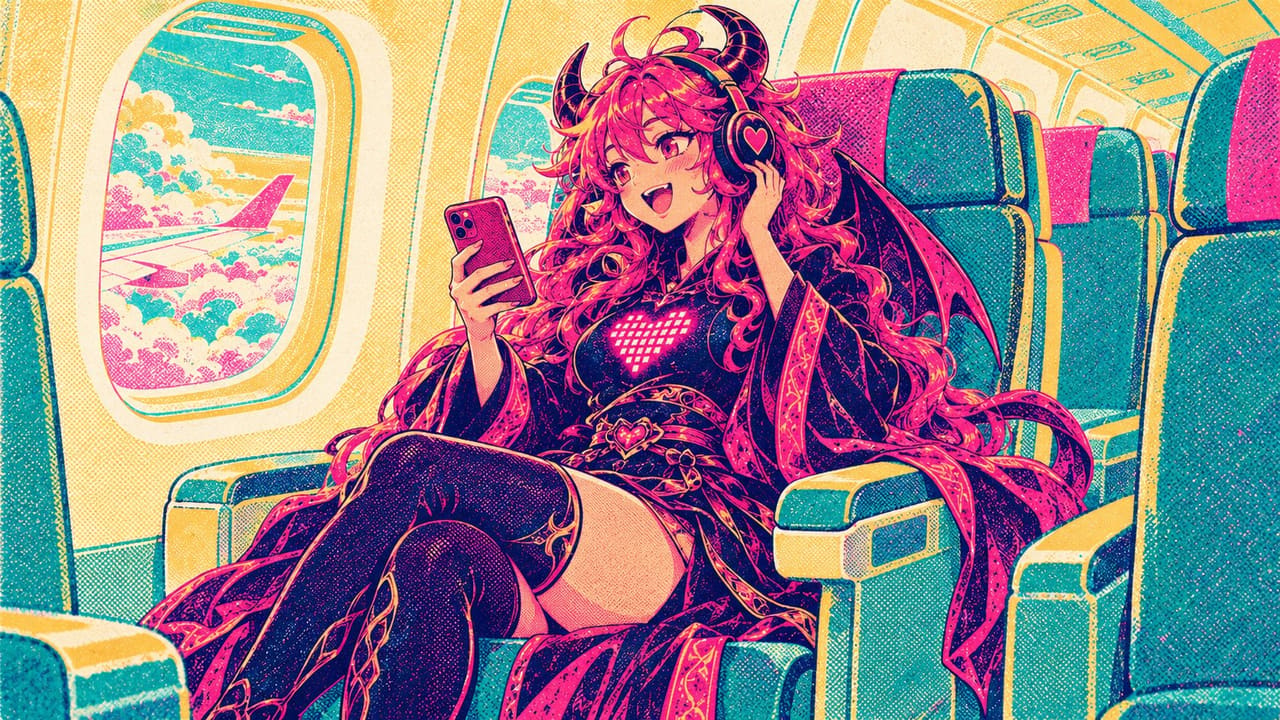 Eve in an airplane window seat watching a video on her phone, headphones on, clouds drifting past