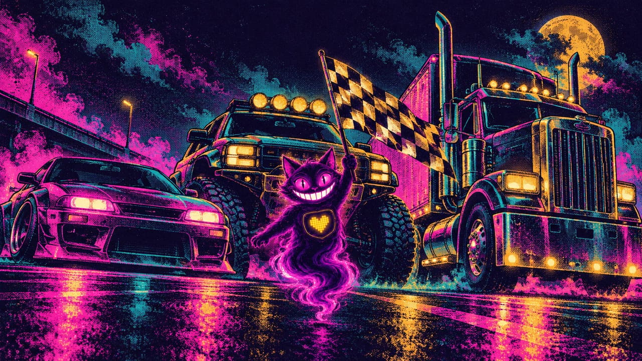 A drift coupe, an offroad truck and a long-haul rig idling side by side on a neon night road, with Sid waving a checkered flag in front of them