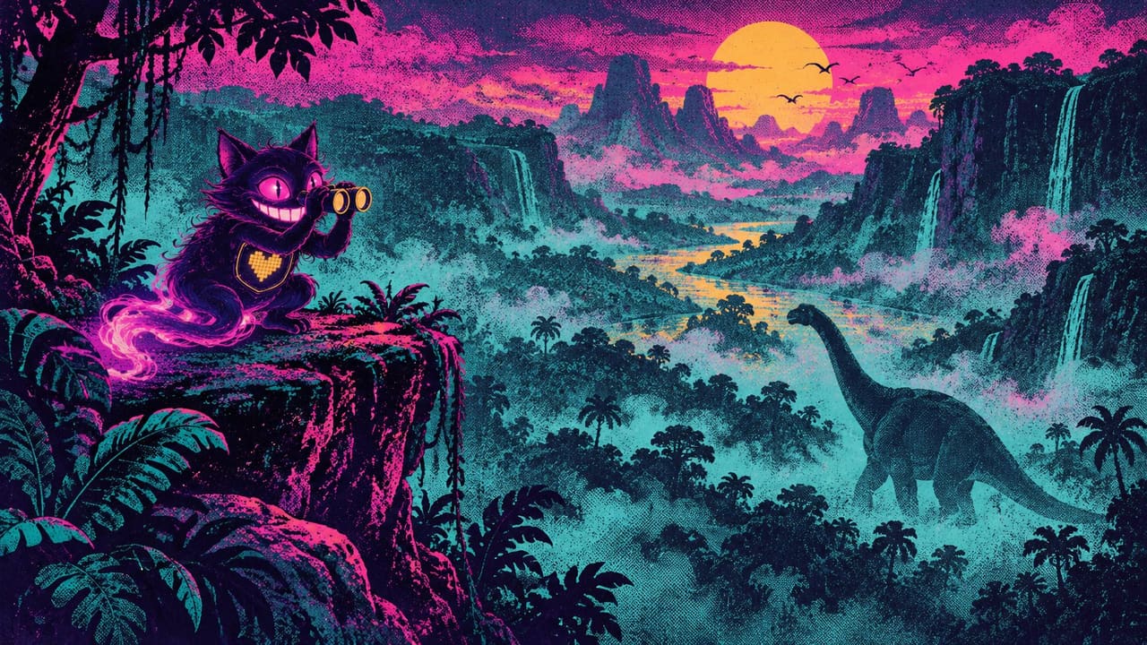 Sid crouching on a cliff edge with binoculars, watching a giant dinosaur silhouette stride through a misty jungle